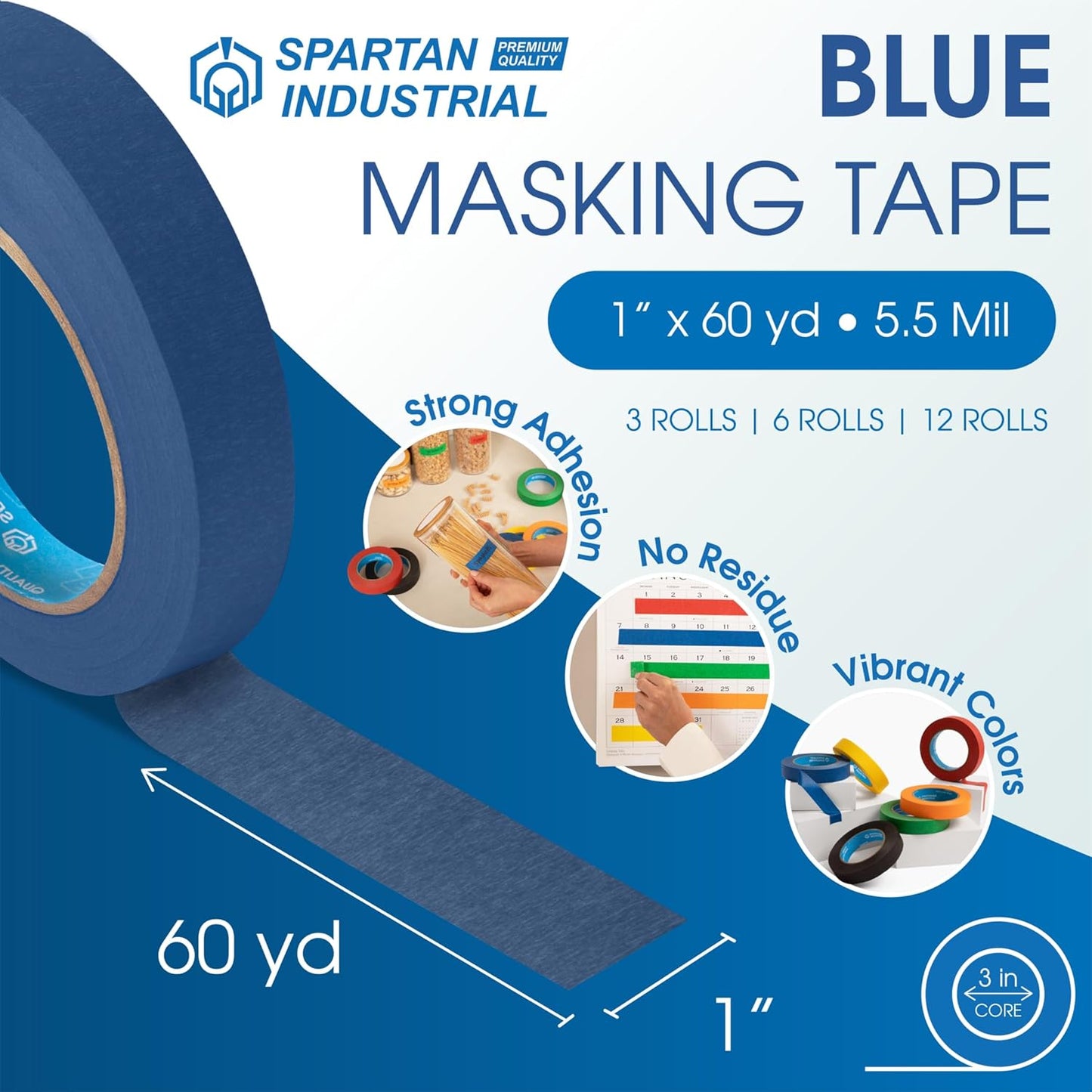 SPARTAN INDUSTRIAL - 1" X 60 yd Blue Tape - 6 Colored Masking Tape Rolls for Home, Office, School Use - No Residue, 5.5 Mil