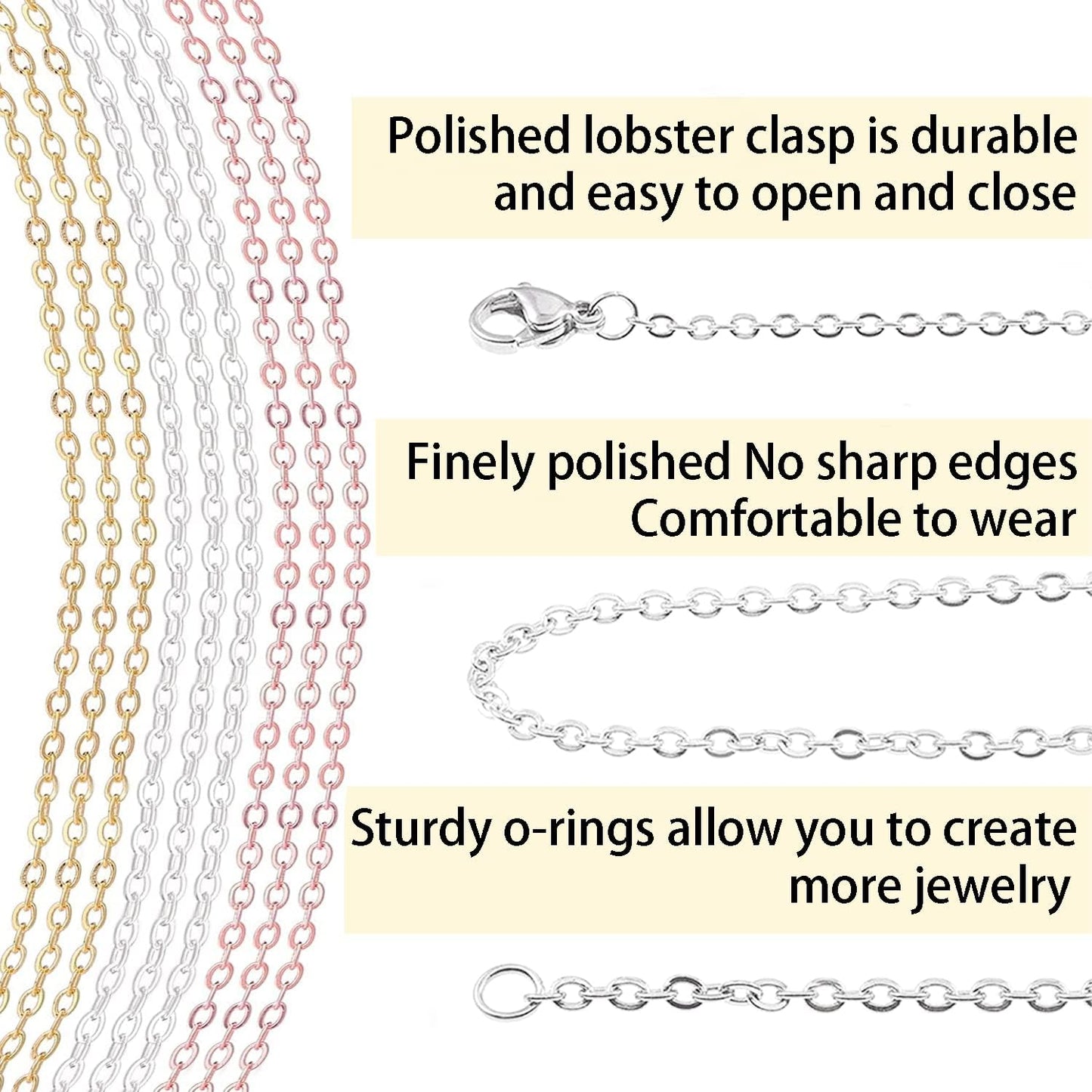 Jishi 30ft Jewelry Making Chains Bulk 2mm Necklace Chains, Jewelry Making Supplies, DIY Craft Earring Bracelet Making Findings, 3-Colors Gold Silver Rose Gold Plated Metal Rolo Cable Link Chain Rolls