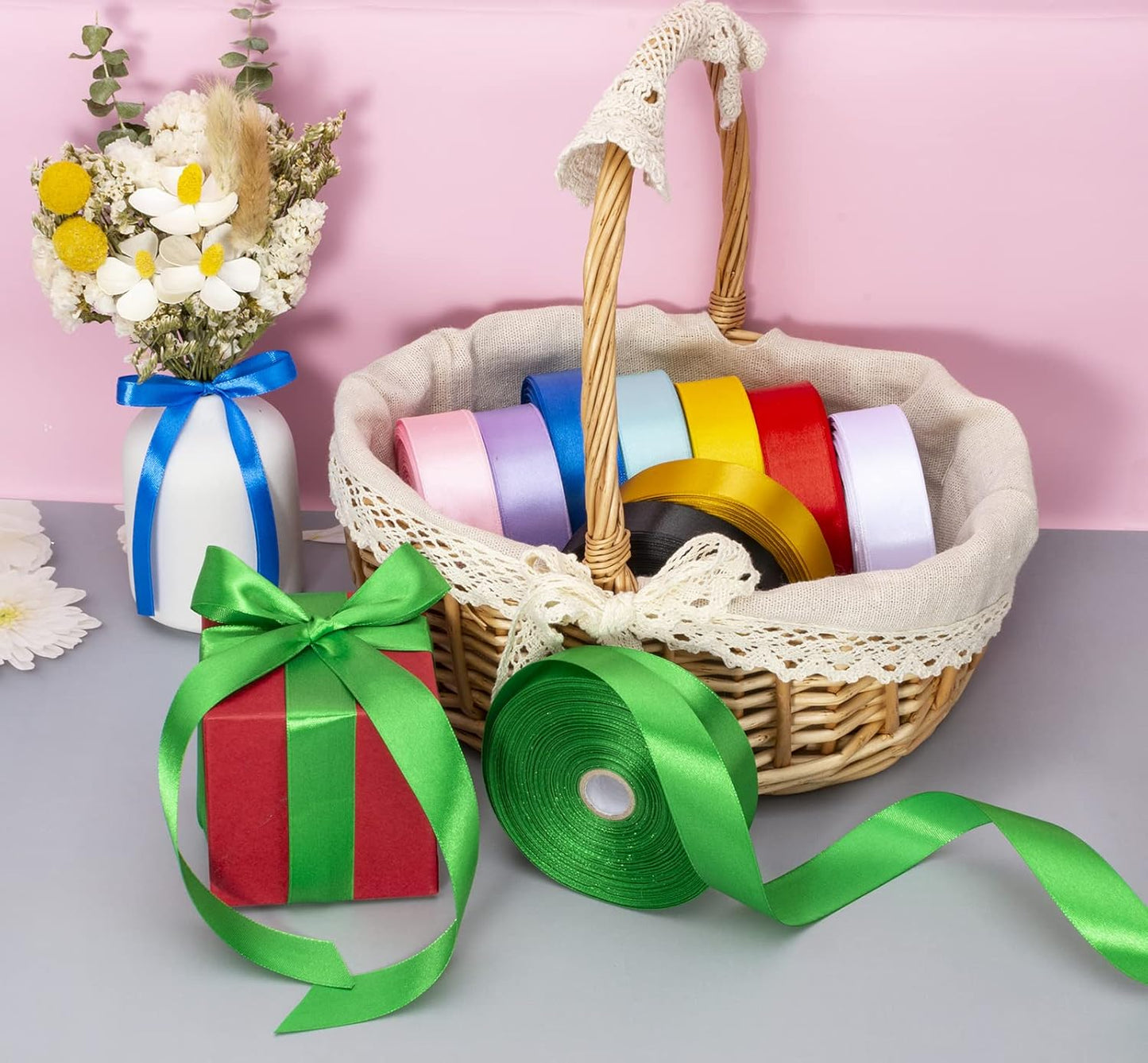 1 Inch Green Solid Satin Ribbon, 50 Yards Craft Fabric Ribbon for Gift Wrapping Floral Bouquets Wedding Party Decoration