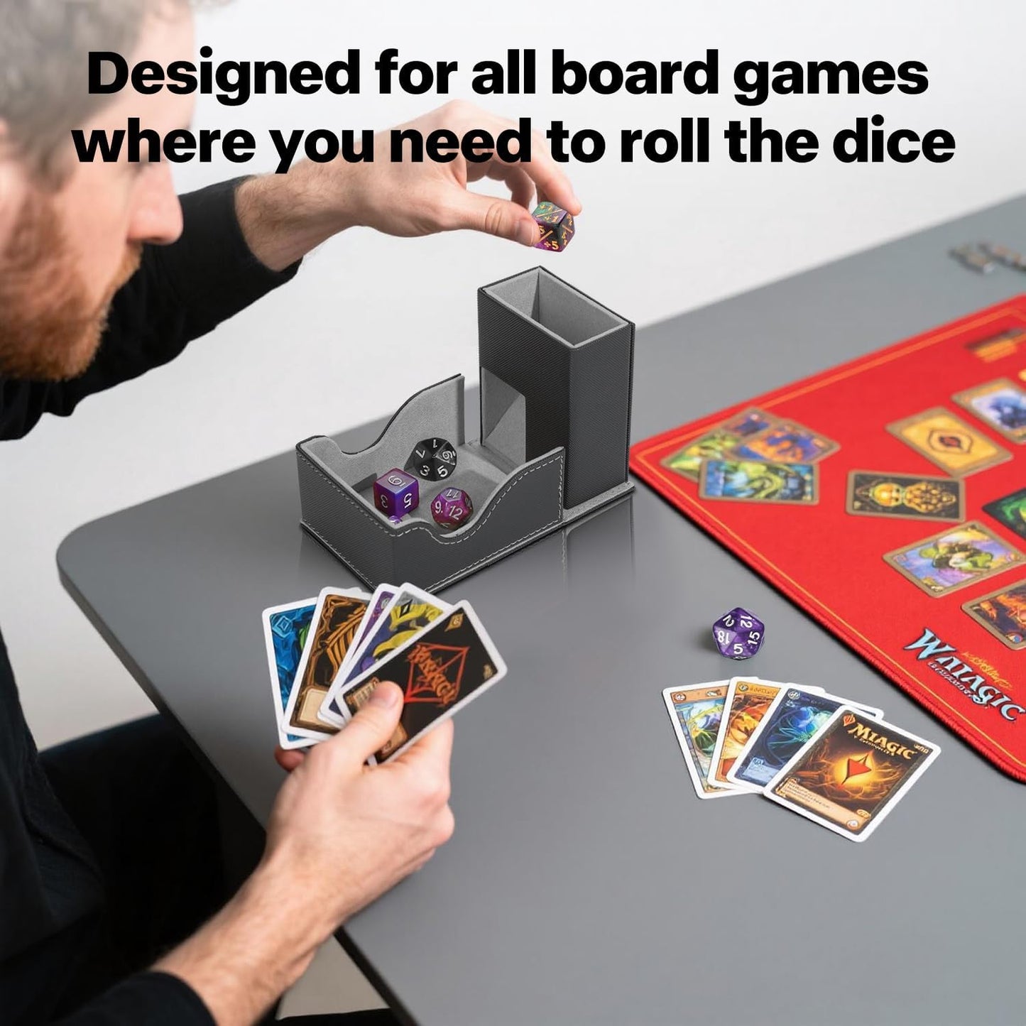 Dice Roller Tower, Premium DND Magnetic Dice Tray, Foldable PU Leather Dice Tower RPG Gifts for Dungeons and Dragons MTG Dm & Player Black/Grey