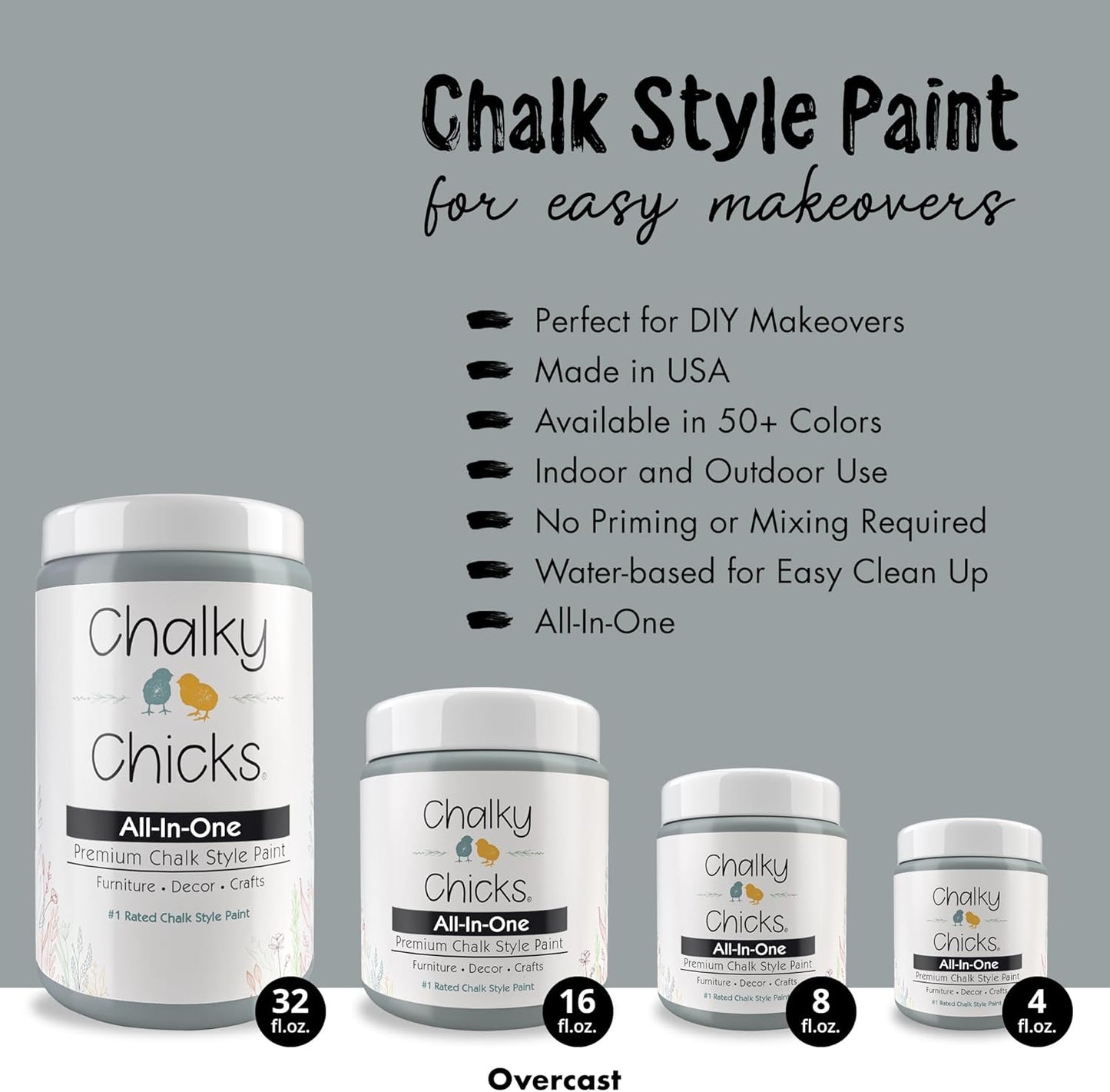 Chalky Chicks All-in-One Chalk Paint for Furniture or Cabinet - 4 Fl Oz - Matte Finish Overcast (Blue Gray) for Metal, Wood Furniture Paint - No Sanding All-in-One for Home Decor & Crafts, USA Made