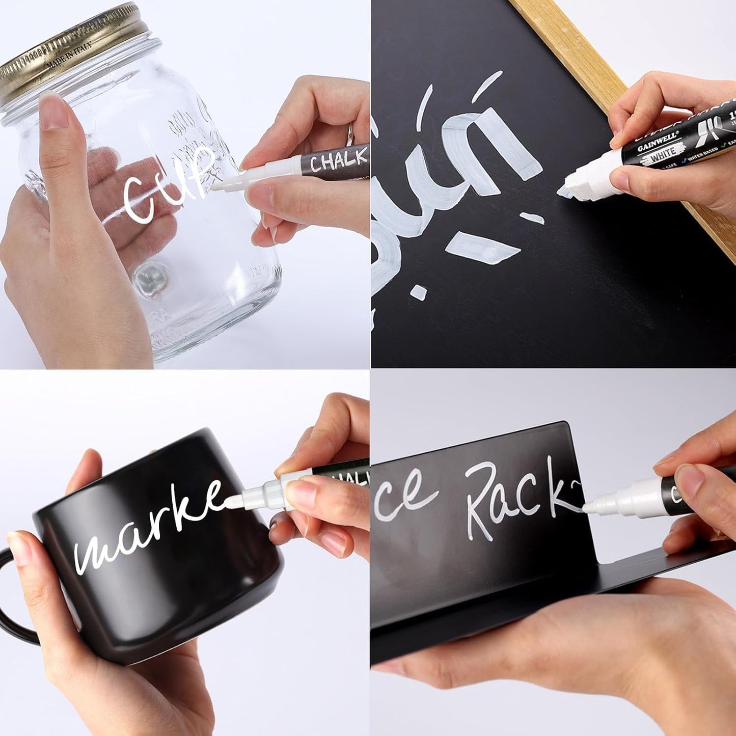 GAINWELL White Liquid Chalk Markers Erasable 4-Pack, Reversible Tip (3mm/6mm/10mm/15mm), Erasable Chalk Pens for Blackboard, Window, Glass, Chalkboard, Bistro, Loved by Teachers, Artists, Businesses