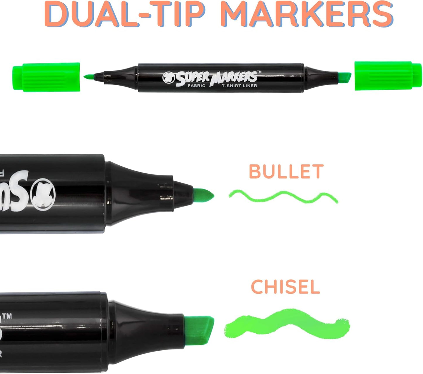 Super Markers 20 Unique Neon Colors Dual Tip Fabric & T-Shirt Marker Set - Double-Ended Fabric Markers with Chisel Point and Fine Point Tips - Ultra-Bright, Vibrant Bold Permanent Ink Colors, Clothing