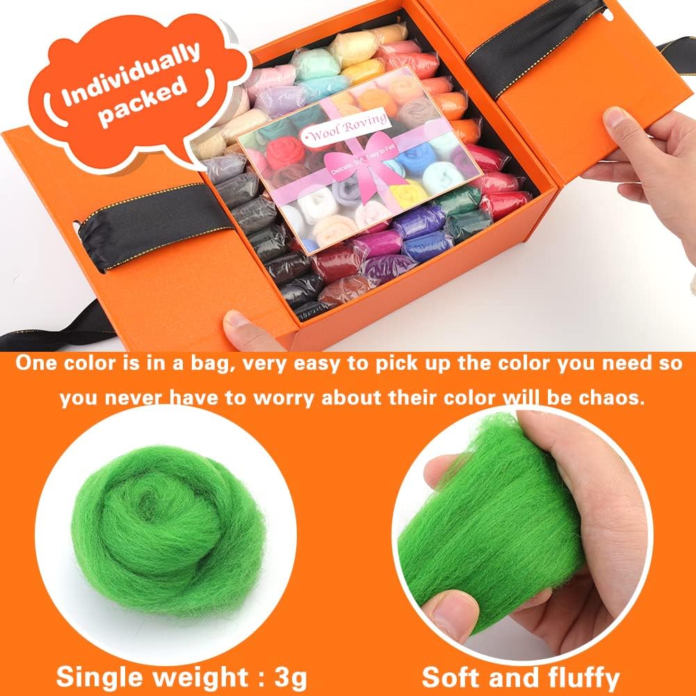Mayboos 54 Colors Fiber Wool Yarn, 5.71oz Wool Roving for Needle Felting Wool DIY Hand Spinning, 3g/Color