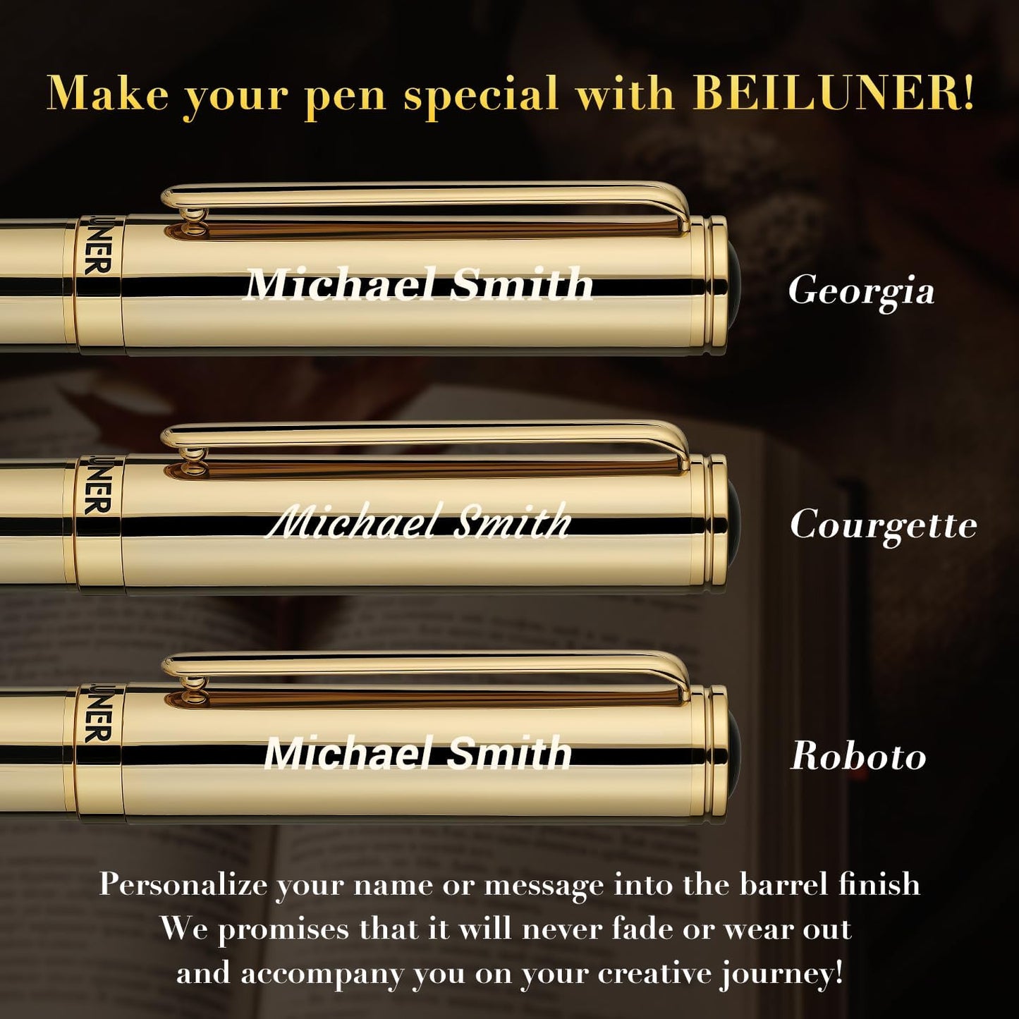 BEILUNER Luxury Personalized Gold Rollerball Pen, Stunning 24K Gold Finish, Noble and Elegant Designs,Schneider Refill, Fancy Gift Set for Men & Women, Executive Writing, Office, Nice Graduation Gift