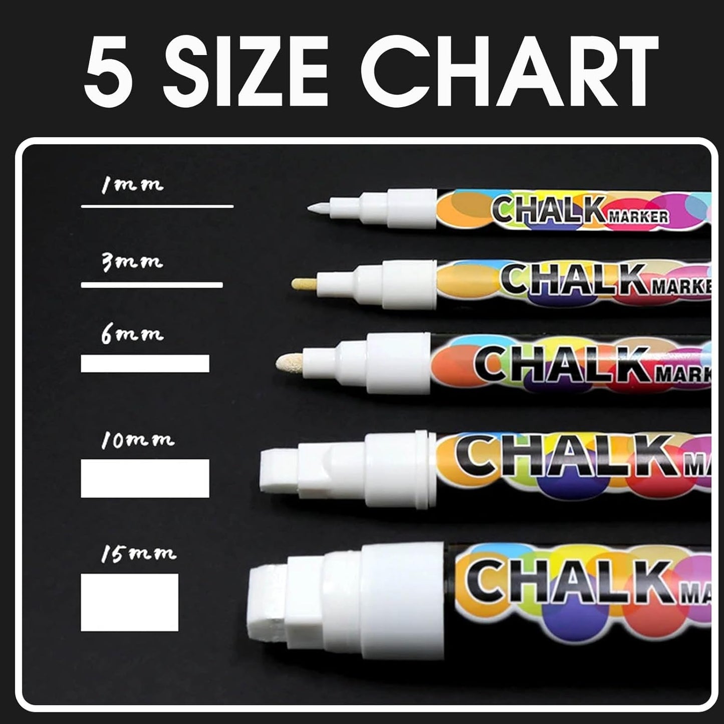 White Window Chalk Markers Pen, 5 Pack White Window Chalk Markers for Cars Glass Washable - Ideal for Use at Home, School, Office, Erasable, Dust-Free, Non-Toxic, 5 Nib Sizes (1, 3, 6, 10, 15mm)