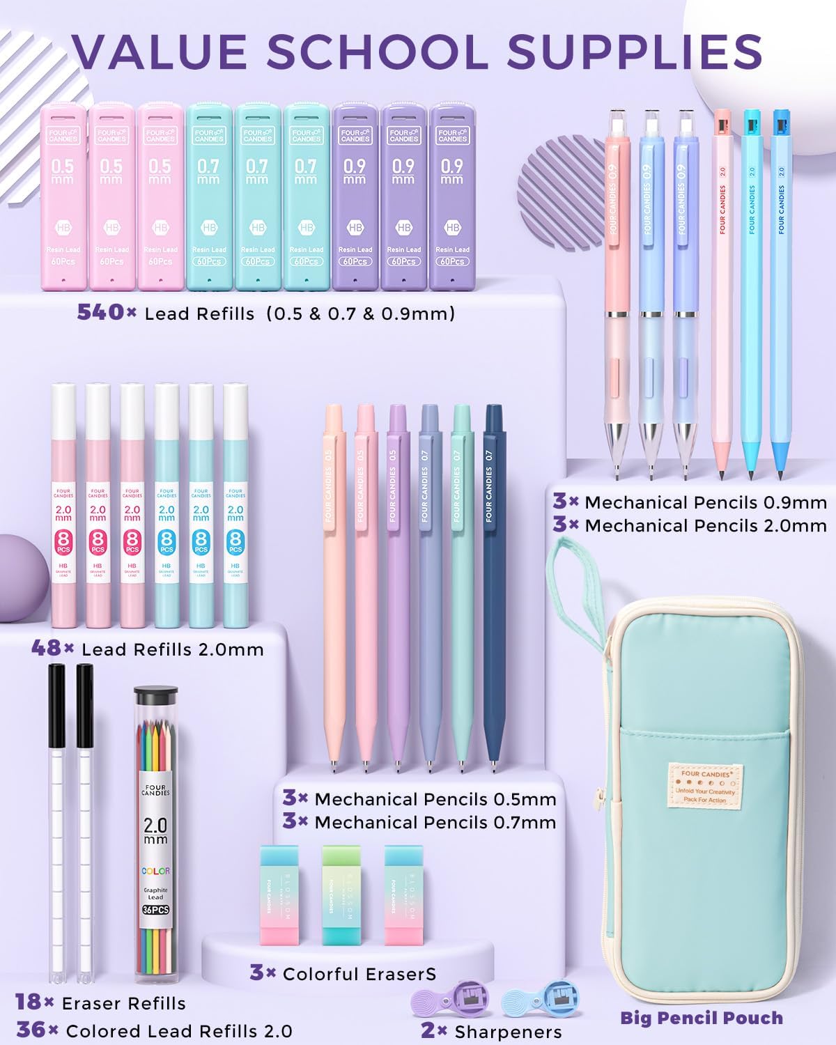 Four Candies 36PCS Aesthetic School Supplies, Mechanical Pencil Set 0.5mm, 0.7mm, 0.9mm & 2.0mm with 624 Lead Refills, Back to School Supplies for Writing & Drawing, Ideal Stationary Set Gift (Blue)