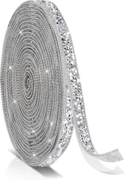 5 Yards Self Adhesive Rhinestone Ribbons, Sliver Rhinestone Strips, Diamond Crystal Rhinestone Ribbon Roll Stickers Glitter Bling Ribbons Rhinestones for Crafts Fabric Car Shoes Décor