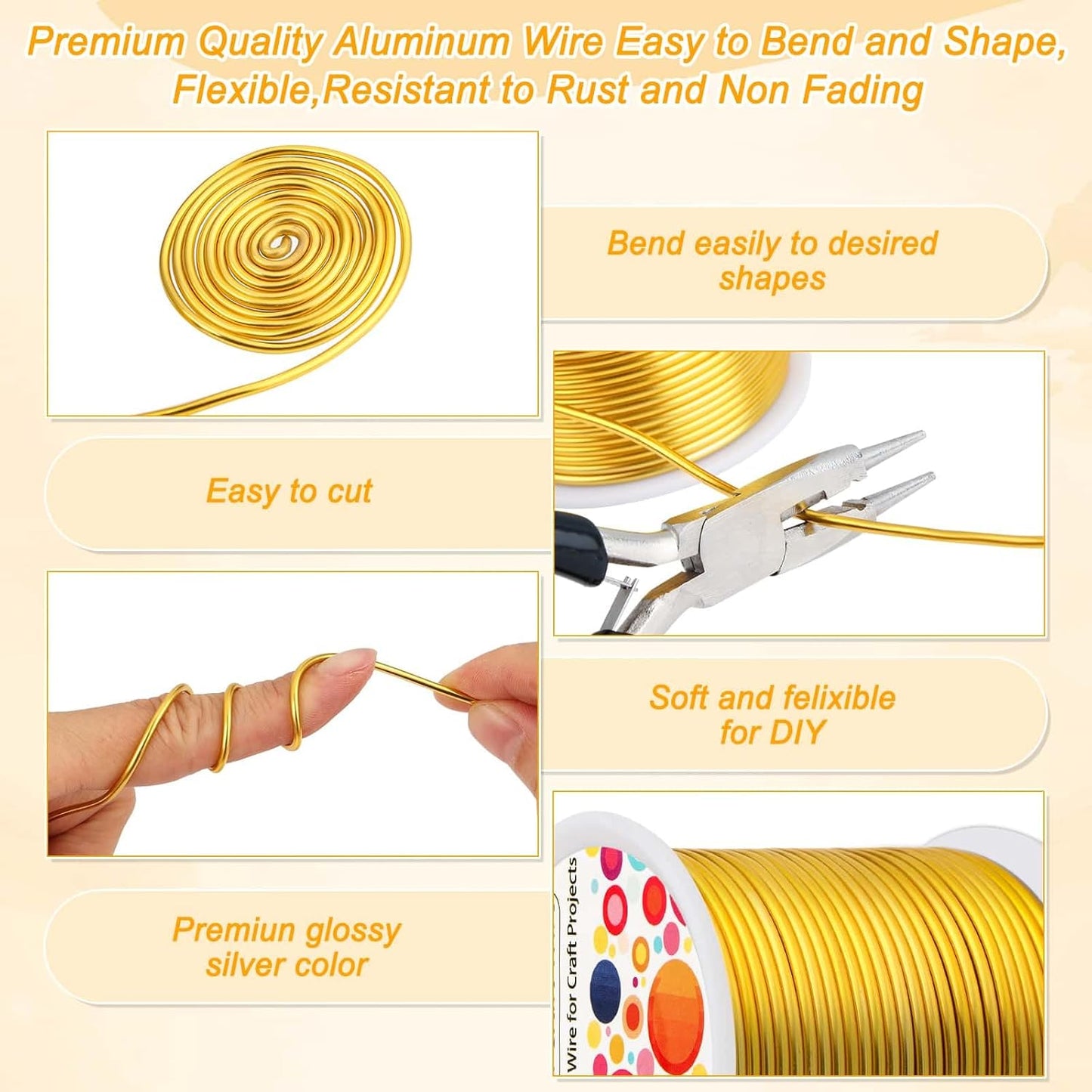 Anezus 12 Gauge Craft Wire Bendable - 2mm Metal Armature Sculpting Wire for Crafting, Wreath Making, Jewelry Making, Beading, Floral (Golden, 100 Feet)
