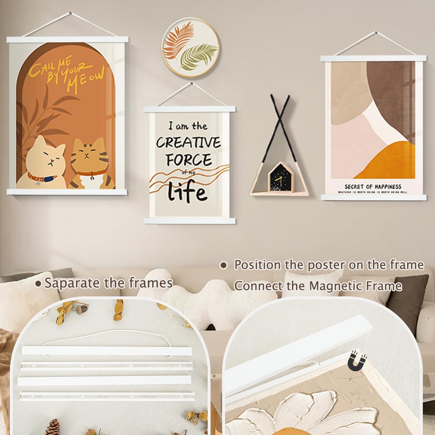 Artmag Magnetic Poster Hanger Frame, 33x24 33x23 33x47 Light Wood Wooden Magnet Canvas Artwork Print Poster Hangers Frames Hanging Kit (White, 33")