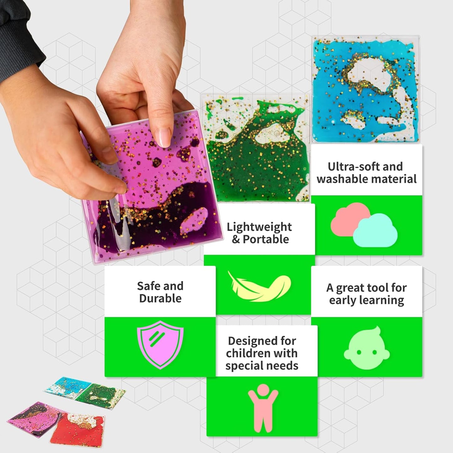 LONGKING 8-Pack Liquid Tiles for Kids, Soft Gel Liquid Sensory Toys for Autistic Children, Sensory Mats, Sensory Toys for Toddlers 3-4