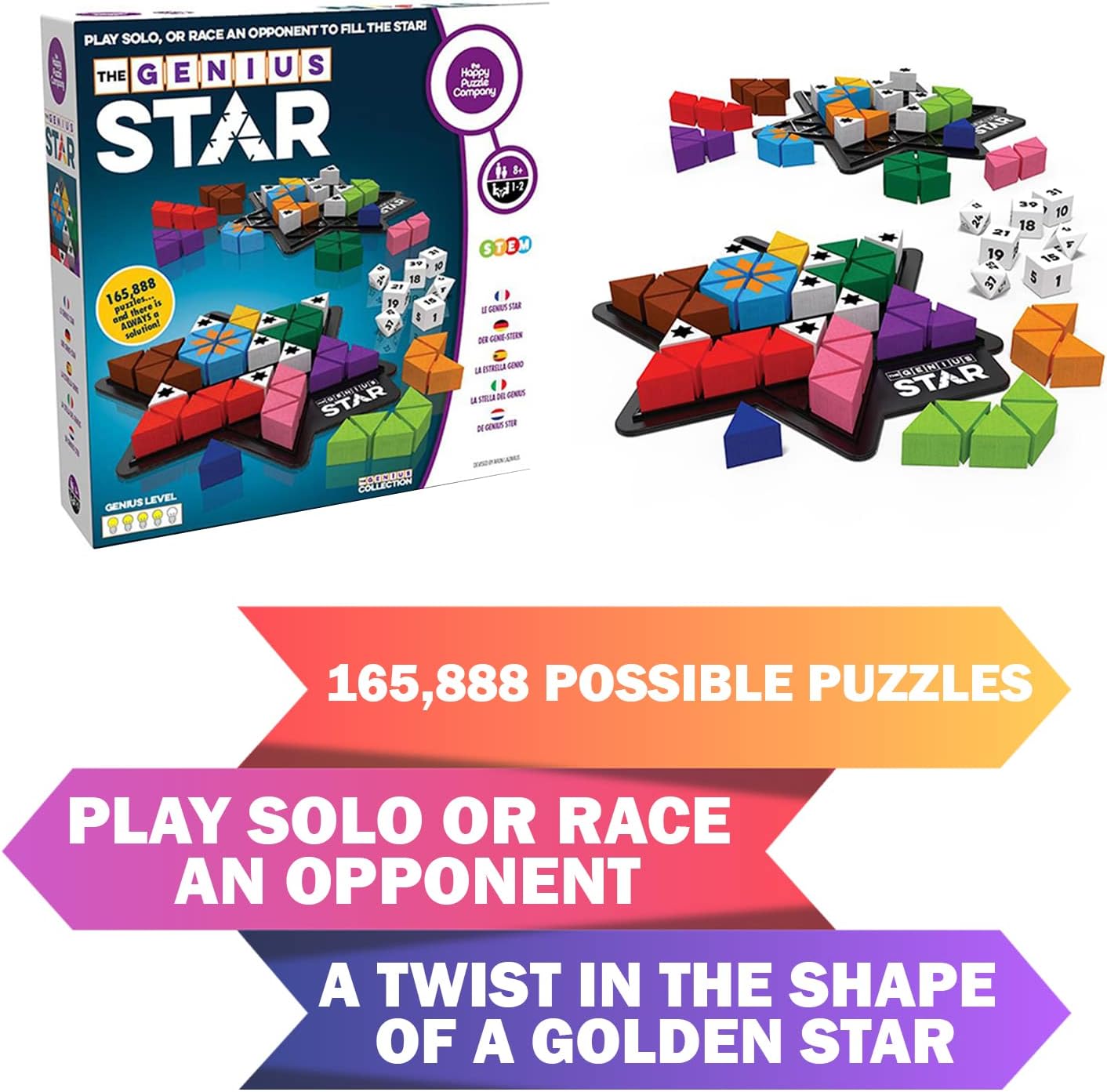 The Happy Puzzle Company The Genius Star | Toy of The Year Award Winning Family Board Game | 165,888 Possible Puzzles | Filling in Colored Shapes | Blockers to Complete A Star | Golden Star Twist