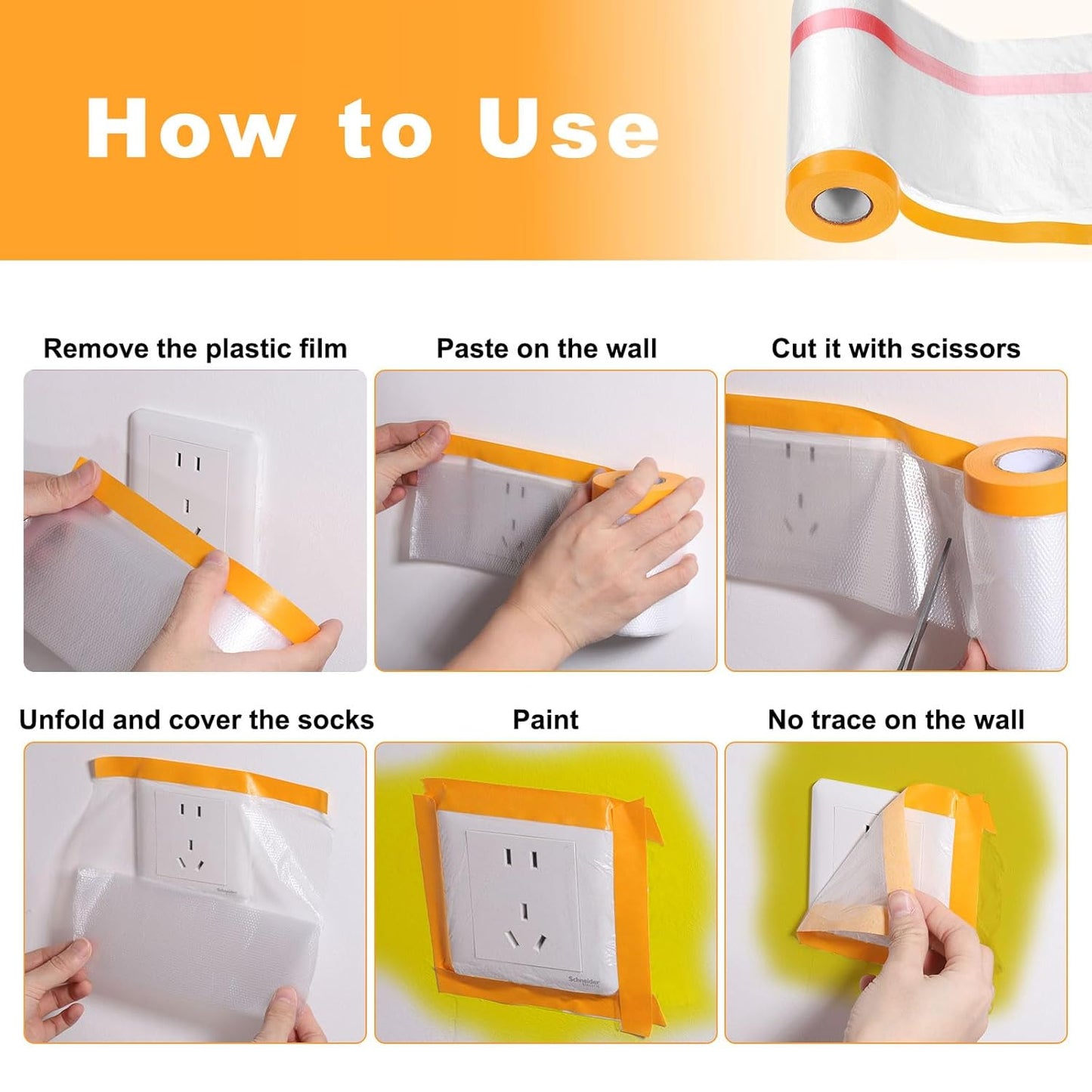 HARFINGTON 3 Rolls Pre-Taped Masking Film 126" x65.6ft Double Adhesive Tape and Drape Painters Plastic Drop Cloth Film with Tape Plastic Sheeting for Automotive Painting Covering