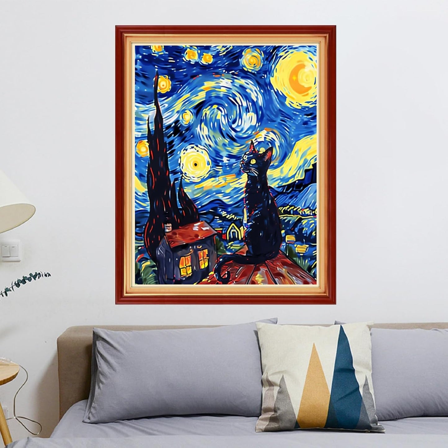 Stamped Cross Stitch Kits - Beach Night Landscape Counted Cross Stitch Kits for Beginners Adults Needlepoint Cross-Stitch Patterns-Van Gogh Starry Cat 16x20 inchs