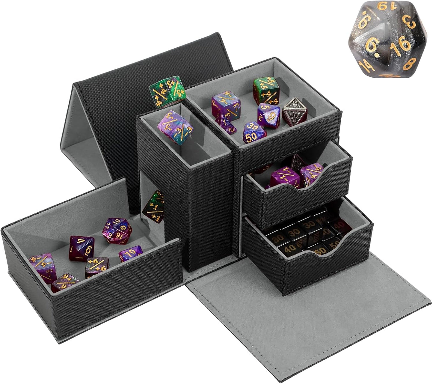 Dice Tray & Dice Tower Storage Box, 3 in 1 Dice Holder Case (Dice Rolling Tray, Dice Rolling Tower, Dice Storage Drawers), Leather Magnetic Closure DND Accessories Gifts for RPG MTG, Black/Grey