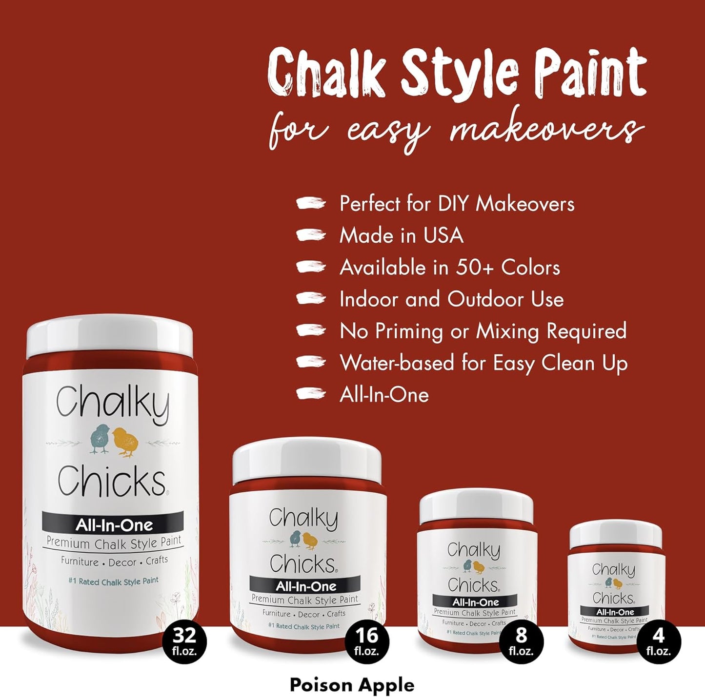 Chalky Chicks All-in-One Chalk Paint for Furniture or Cabinet - 4 Fl Oz - Matte Finish Poison Apple (Dark Red) for Metal, Wood Furniture Paint - No Sanding All-in-One for Home Decor & Crafts, USA Made