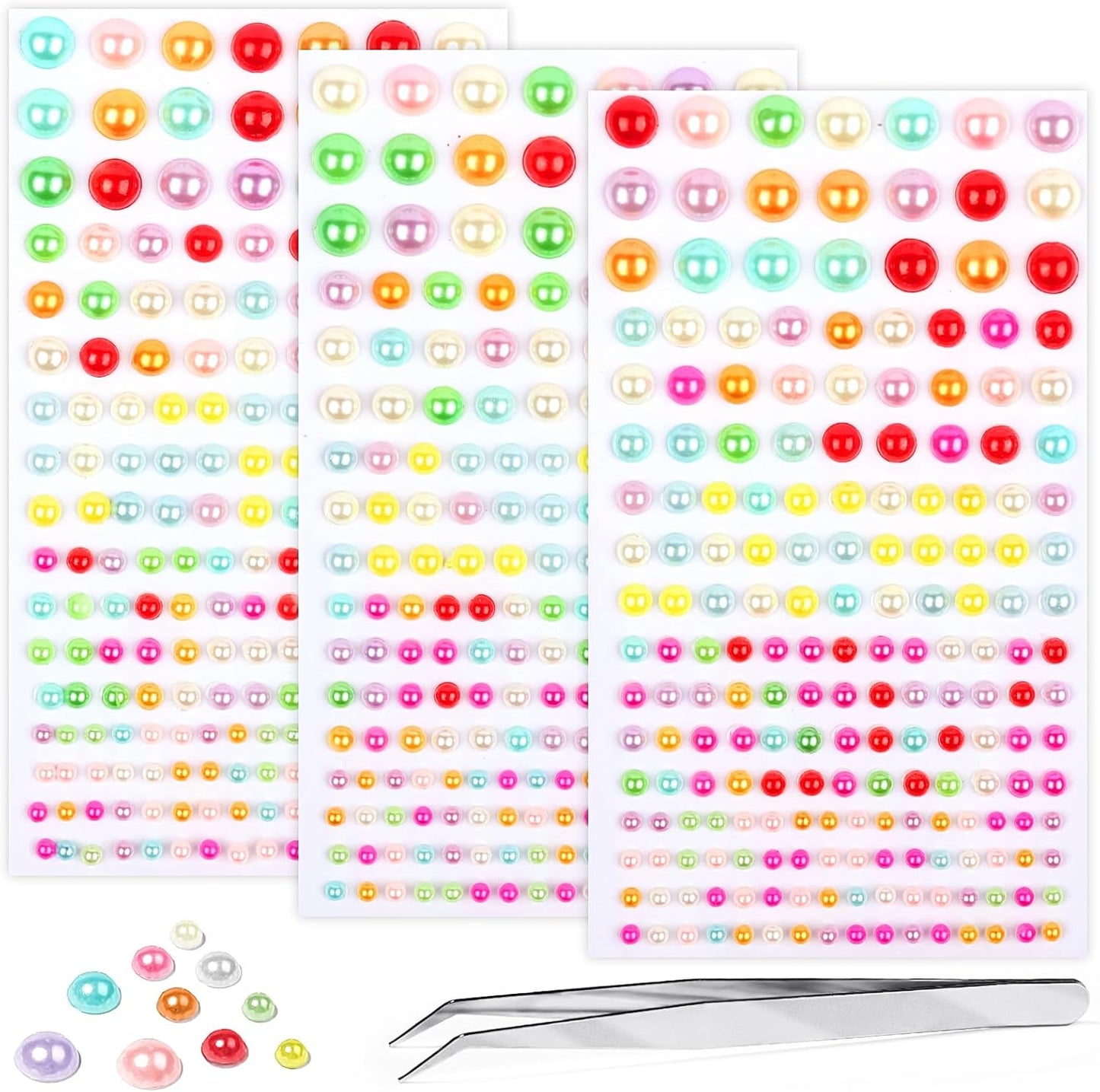 Self Adhesive Face Gems and Pearls for Makeup, Festival Jewels, Hair Gems Pearls, 3/4/5/6/8 mm Round Rhinestone Stickers for Face, Eye, Makeup, Body, Crafts 591Pcs (02_Color Pearl)