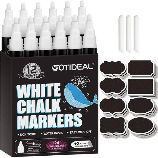GOTIDEAL White Liquid Chalk Markers, 12 Pack Chalkboard Markers, Chalk Pens for Car Windows, Signs, Blackboard, Glass Painting, Erasable 6mm Reversible Chisel & Bullet Tip-…