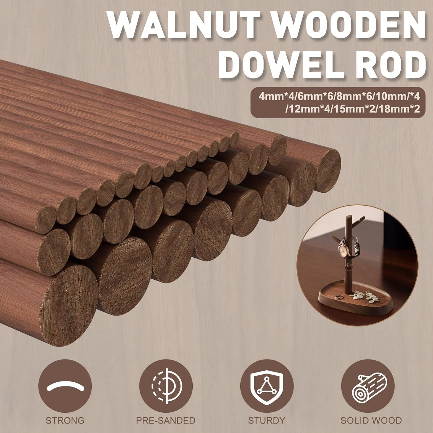 32Pcs 7 Size Walnut Wooden Dowel Rods 5.9Inch Long Wooden Dowel Rods Sticks 4/6/8/10/12/15/18mm Wood Sticks for Crafts Unfinished Round Sticks for Crafts and Woodworking Building Material