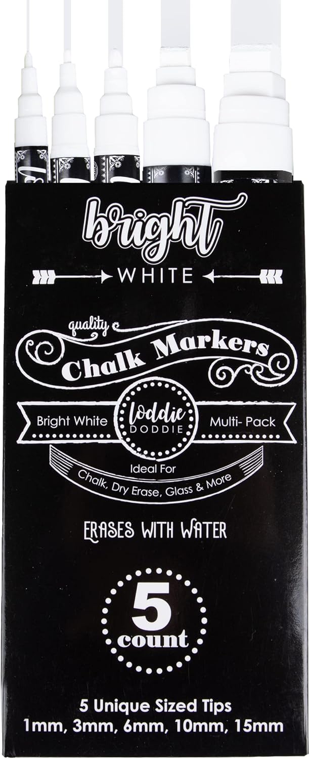 Loddie Doddie Erasable White Chalk Markers for Signs, Blackboard, Glass - Ultra Fine, Medium, Broad Tips (1mm, 3mm, 6mm, 10mm, 15mm) - Liquid Chalk Markers - Pack of 5