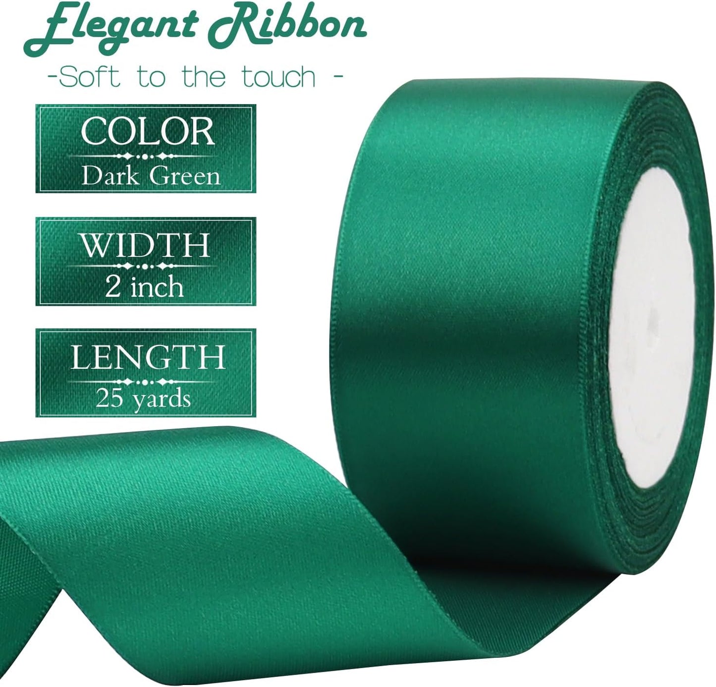 Dark Green Solid Satin Ribbon 2 Inch 25 Yards Solid Polyester Fabric Ribbon for Gift Wrapping Wedding Christmas Baby Shower Birthday Party Decoration Handmade Immortal Flower Craft