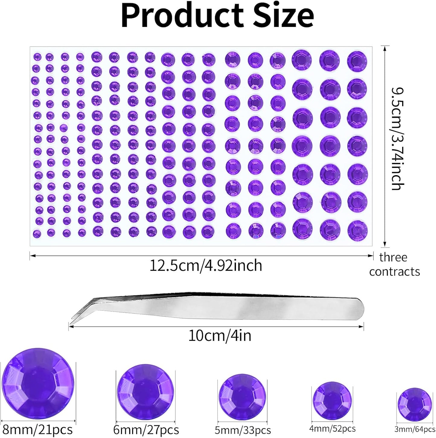 Self Adhesive Face Gems and Pearls for Makeup, Festival Jewels, Hair Gems Pearls, 3/4/5/6/8 mm Round Rhinestone Stickers for Face, Eye, Makeup, Body, Crafts 591Pcs (16_Dark Purple)
