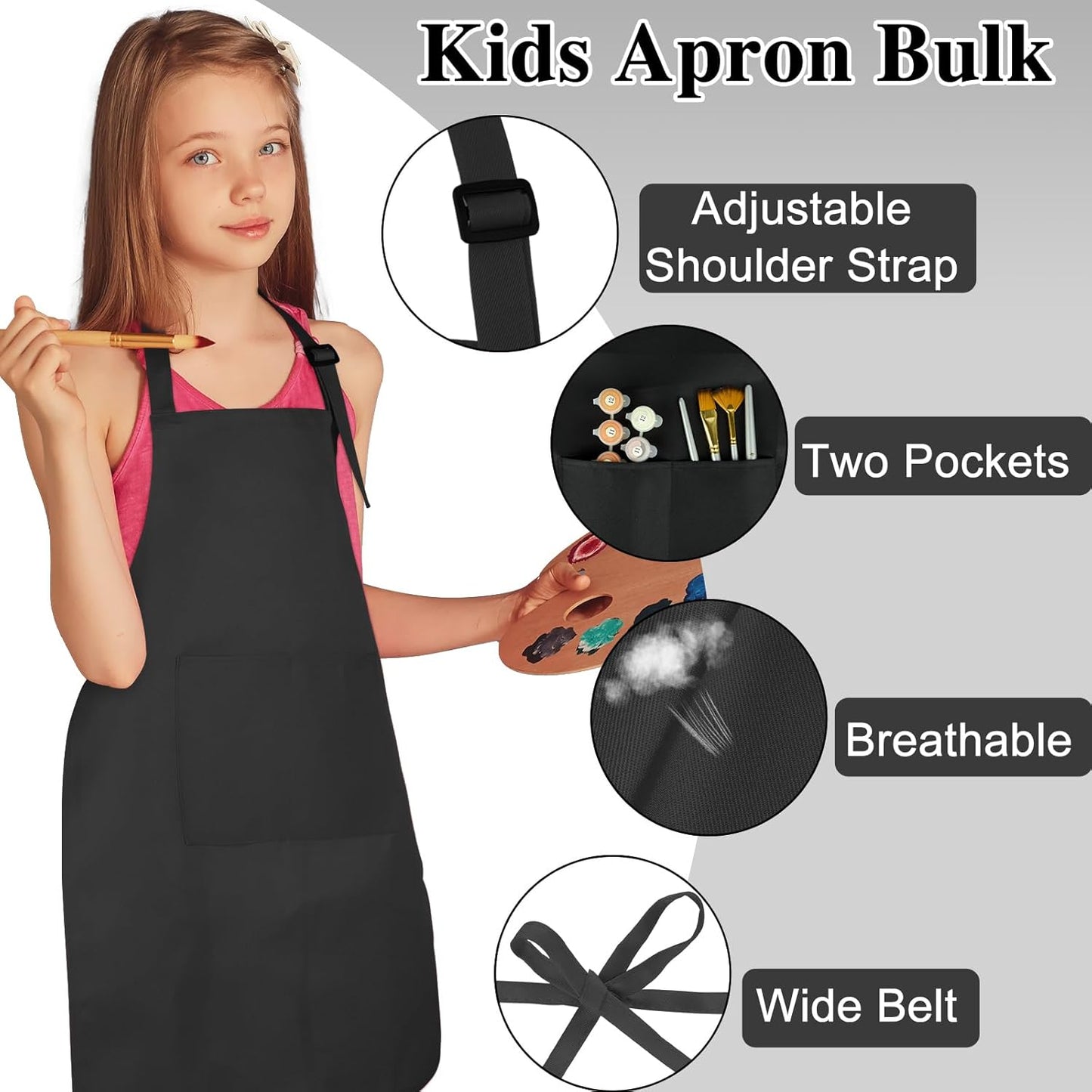 12 Pack Kids Apron Bulk with 2 Pockets Adjustable Chef Art Apron Kids Painting Aprons for Cooking Baking Painting Crafting Grilling Activity（Black）
