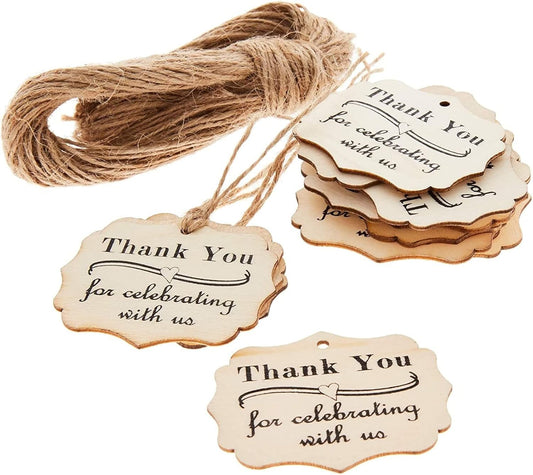 Juvale Wooden Thank You Tags - 101-Piece Set, Wood Rectangular 1.8 x 2.3 in - Wedding & Baby Shower Favor Tags with Twine - Rustic Party Favor Labels for Crafts
