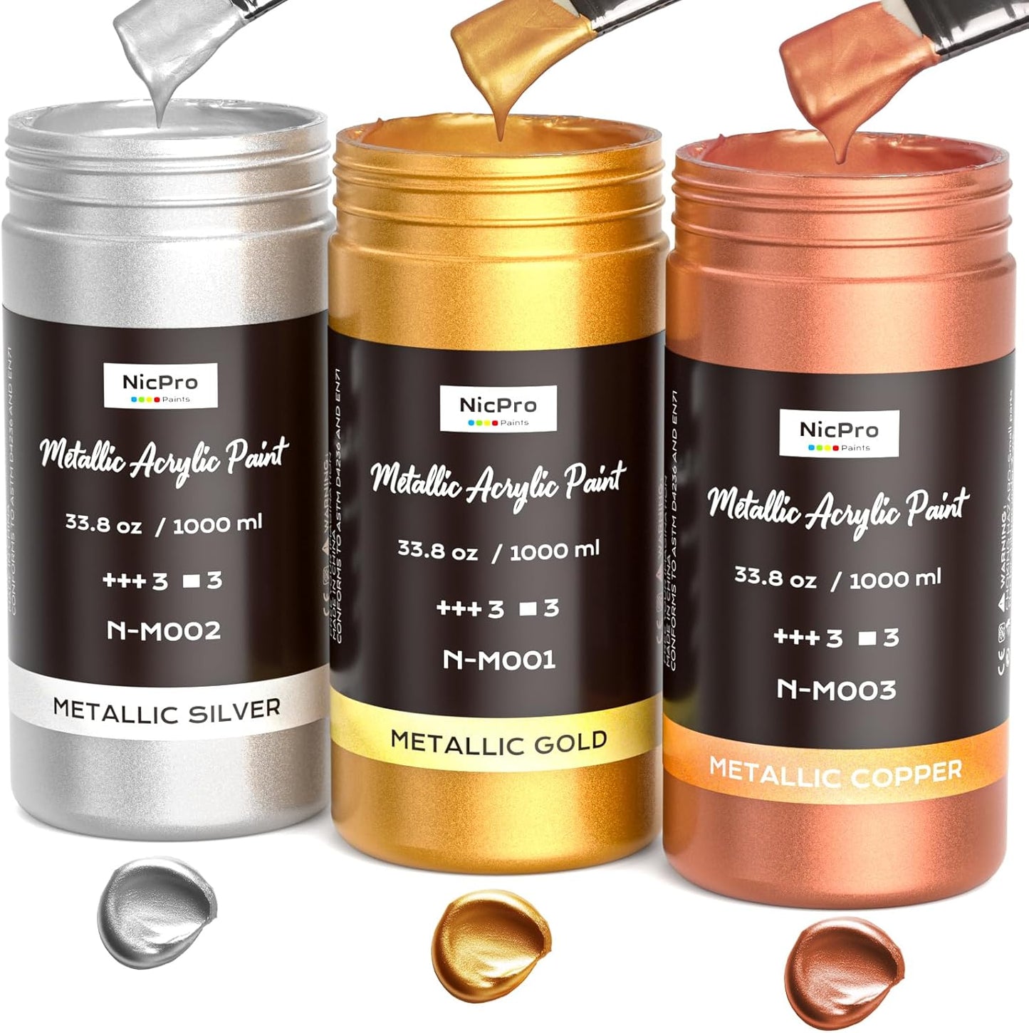 Nicpro Large Acrylic Paint Metallic, 3 Colors Gold, Silver, Copper 101.4oz/3000ml Gold Leaf Paint, Non Toxic, Non Fading for Art Painting, Handcrafts, Multi-surface, Canvas, Wood, Clay Metal Furniture
