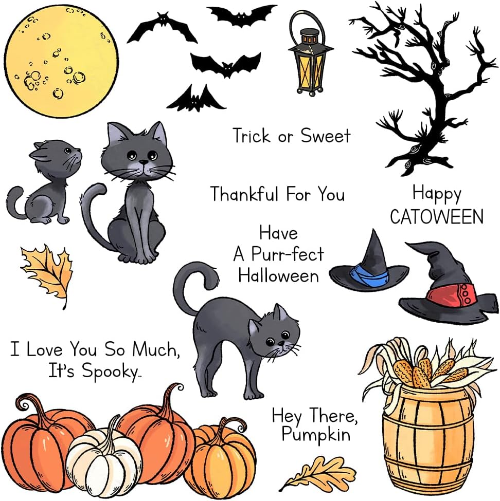 Halloween Clear Silicone stampReusable Stamp with Pumpkins, Skulls, Bats, Santa Claus, and Holiday Designs. Used for Making Cards, scrapbooks, and DIY templates (Halloween Cat)