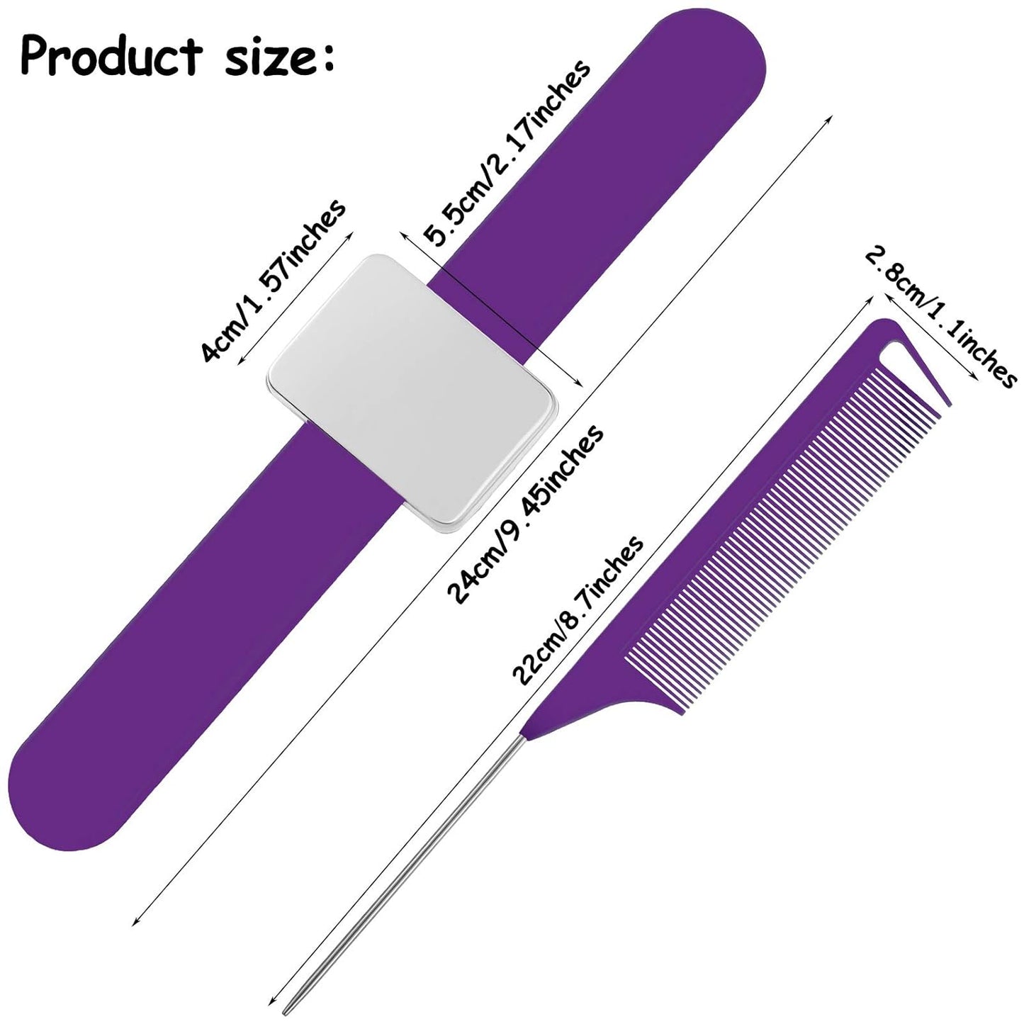 Magnetic Wrist Sewing Pincushion Wrist Magnetic Pin Holder Wristband Pin Cushion Holder with 3 Pieces Stainless Steel Pintail Comb Rat Tail Comb for Hair Clips Sewing, Daily Hand Sewing (Purple)