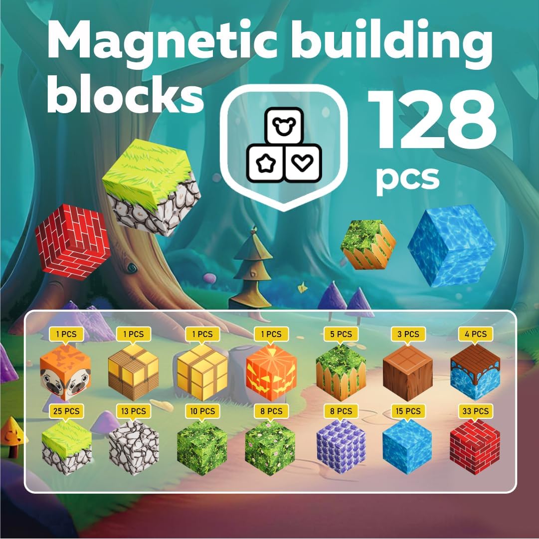 Magnetic Blocks Cubes 128PCS - STEM Cube Building Blocks & Magnet Cubes, Fidget, Montessori for Kids Ages 3-5 & 5-7 & 8-12, Magnetic Kit Cubes, Construction Magnet Toys Blocks Birthday Gifts