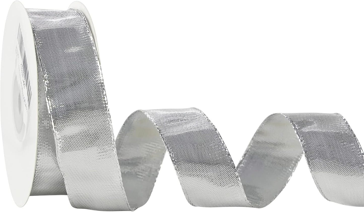 MEEDEE Silver Wired Woven Metallic Ribbon - 1 inch Silver Wired Ribbon for Gift Wrapping, Gift Bows, DIY Crafts, Graduation Baskets, Wedding, Party Decorations (25 Yards)