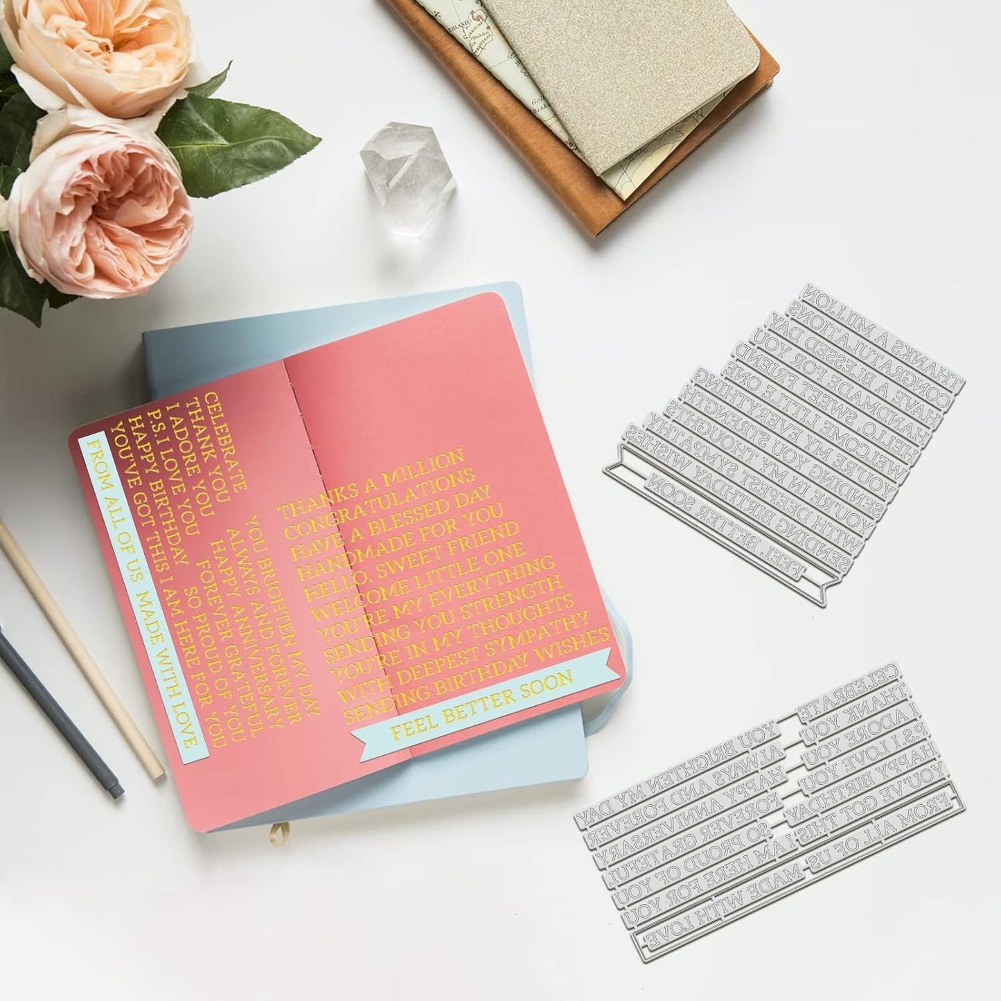 ORIGACH Elegant Everyday Sentiments Words Hot Foil Plate and Die Cuts Sets for DIY Scrapbooking Paper Cards Decor Embossing Foil Handmade Craft