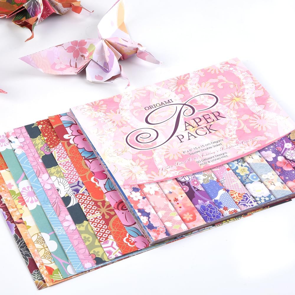 Origami Paper Kit 50 Sheets 70GSM 6 Inch Square Double Sided Color 50 Vivid Japanese Washi Chiyo Colors for Hand Crafts Origami Paper Arts Creativity.Japanese Sakuras