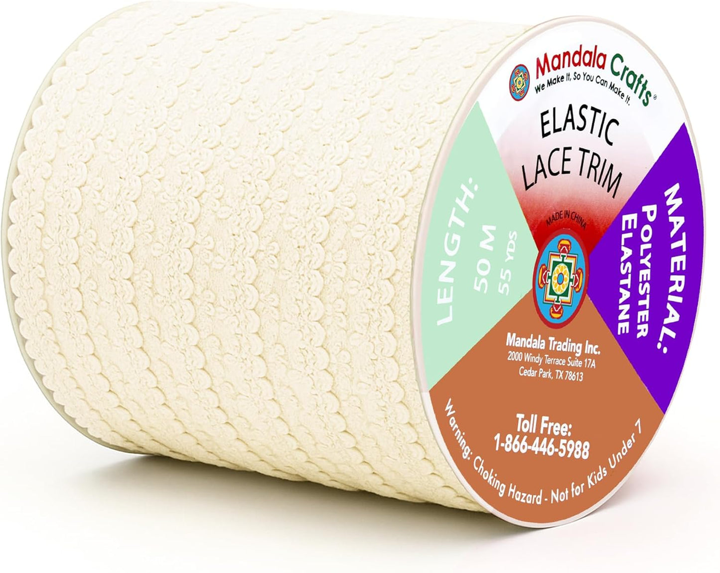 Mandala Crafts Ivory Stretch Lace Soft Elastic Trim Roll - 55 Yards 1 Inch Wide Stretchy Frilly Picot Ribbon for Sewing Lingerie, Headbands, Underwear, and Crafts