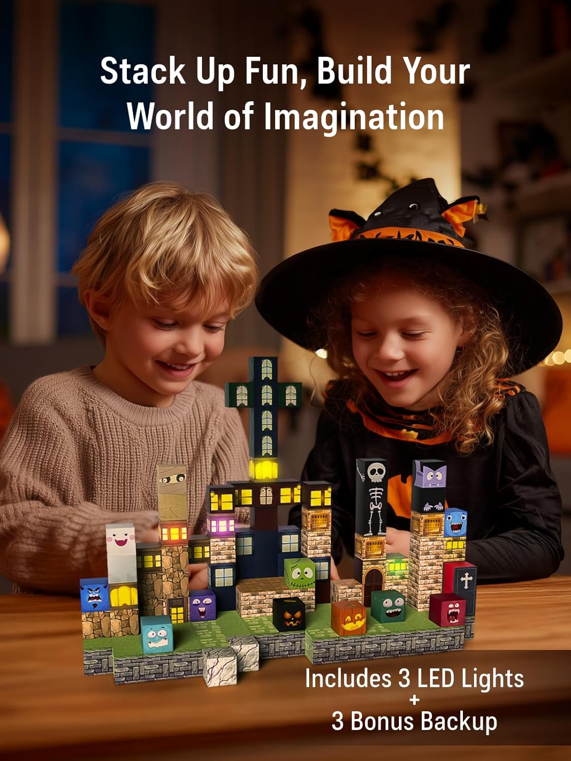 Magnetic Blocks -137PCS Lights Halloween Building Blocks,World Magnetic Tiles Kids Build Cubes 3+,STEM Toys for 3-5 4-8 5-7 Year Old Boys,Sensory Creative Activities Birthday Gift