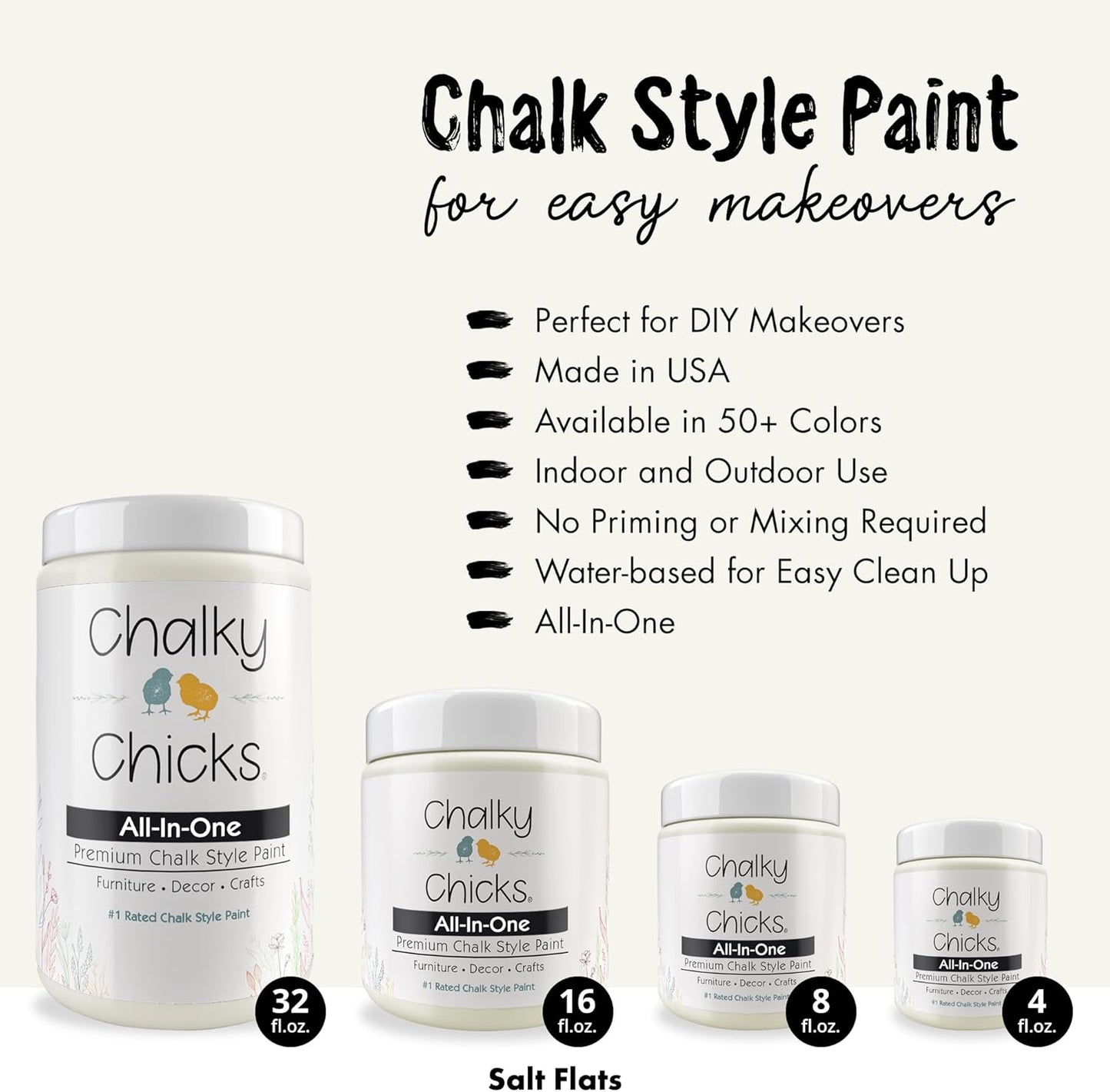 Chalky Chicks All-in-One Chalk Paint for Furniture or Cabinet - 8 Fl Oz - Matte Finish Salt Flats (Off White) for Metal, Wood Furniture Paint - No Sanding All-in-One for Home Decor & Crafts, USA Made