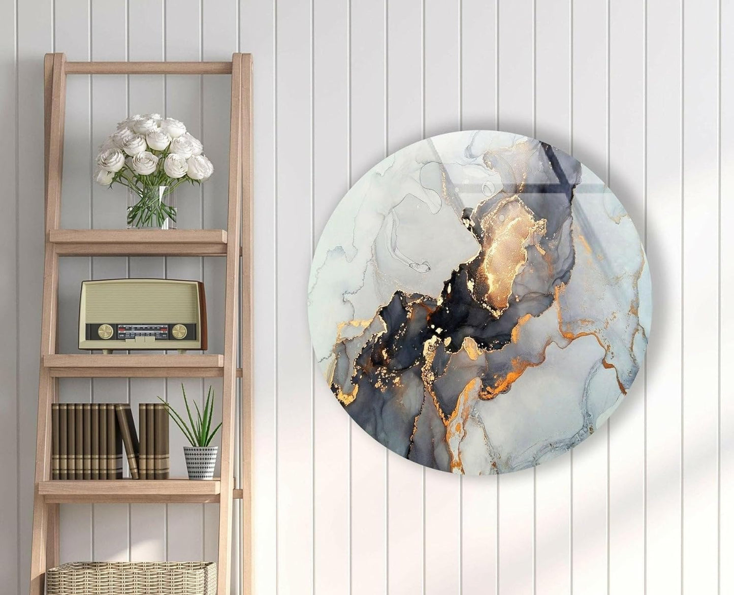 My Photostation.com 31.5''(80cm) Diameter Gold Details Gray Marble Round Glass Wall Art Tempered Glass Printing Wall Decor Large Wall Art Wall Hangings