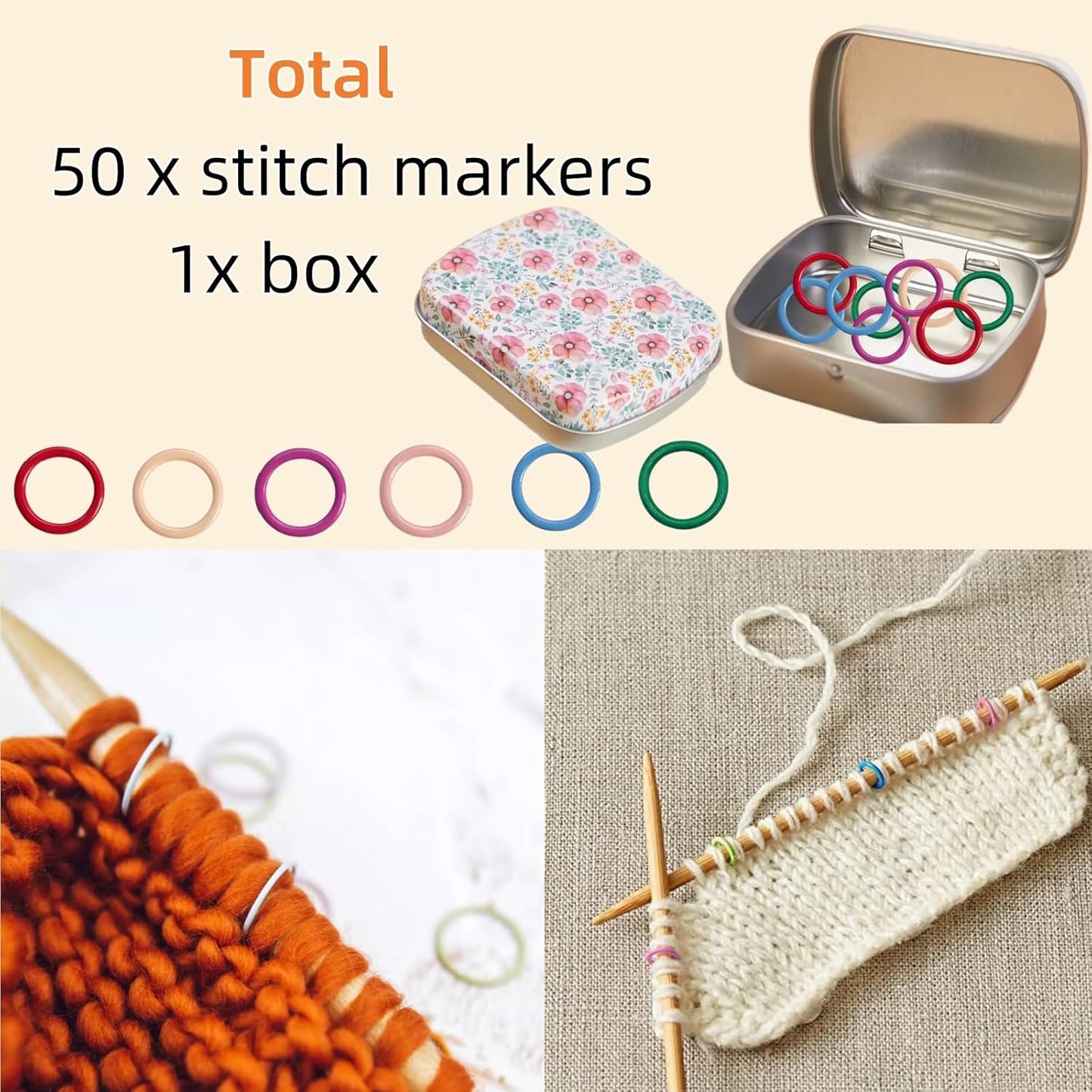 Hilsayum 50Pcs Heart Shape Stitch Markers for Crocheting,Crochet Stitch Markers with Floral Design Small Tin Box