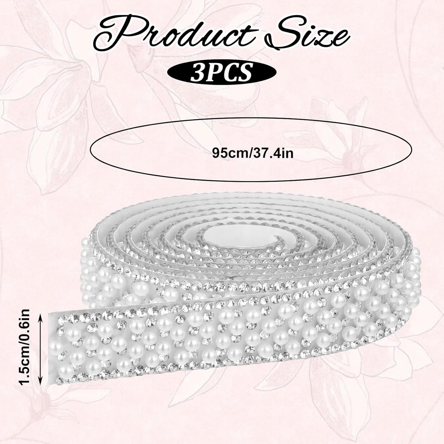 3 Rolls Pearl Rhinestone Ribbon Self Adhesive Pearl Crystal Strips Sticker Bling Pearls Strips Trims Diamond Pearls Tape for DIY Phone Clothing Crafts (3 Yard x 0.59 Inch)