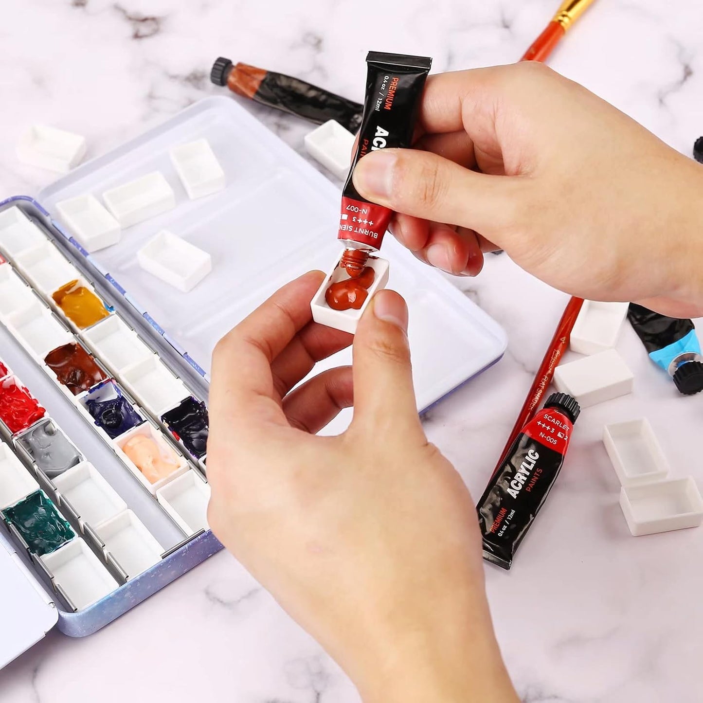 LOONENG Empty Watercolor Palette, Empty Watercolor Tin with Fold Out Palette, Large Purple Watercolor Tray Palette with 28 Empty Full Pans for Plein Air Painting and Sketching