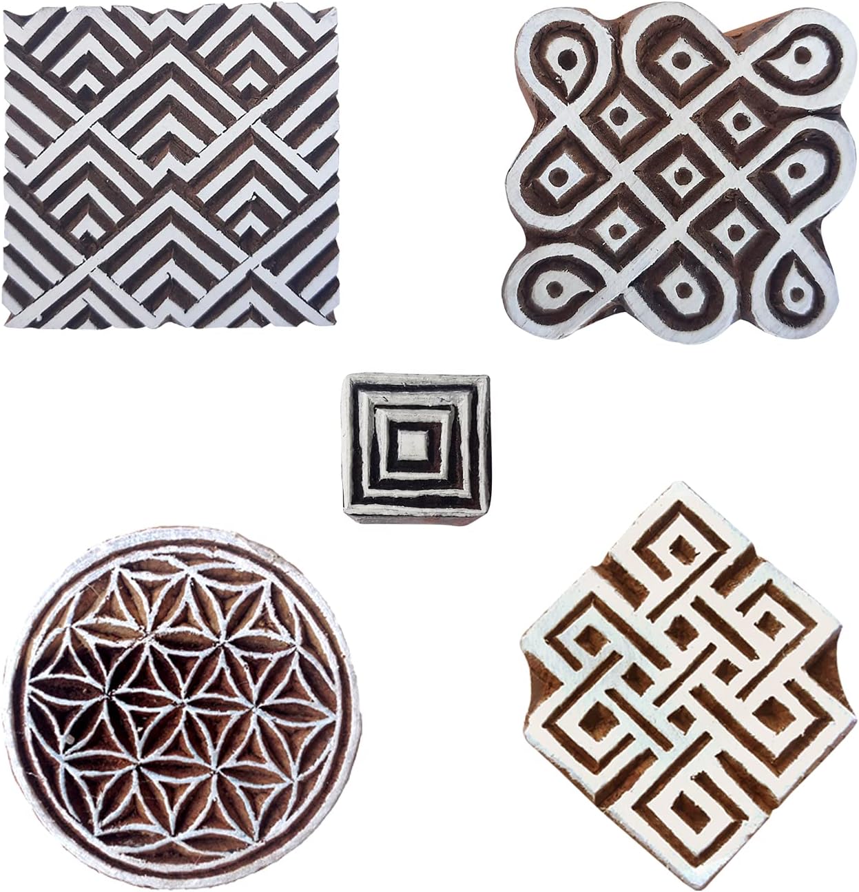 Royal Kraft Square Wooden Printing Stamps (Set of 5) - DIY Henna Fabric Textile Paper Clay Pottery Blocks Htag2212