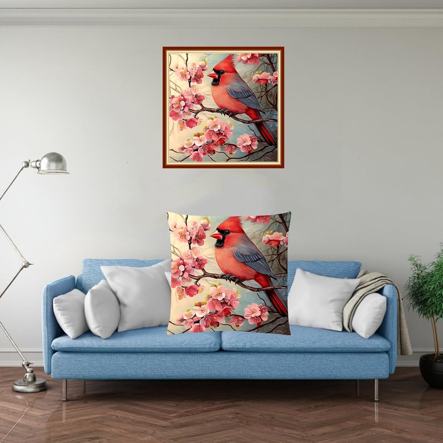 Fanxvivy Stamped Cross Stitch Kits for Adults Beginners Pillow Needlepoint Kit with Embroidery Pattern Needlework Kit Prestamped Stitches Kit 11CT Cross Stitching-Cherry Blossom Bird 18x18 inch