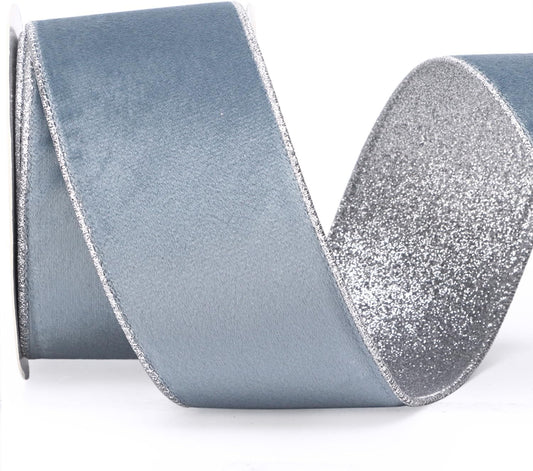 Ribbli Dusty Blue Velvet Wired Ribbon 2.5 Inch Dusty Blue Velvet with Silver Glitter Christmas Ribbon for Christmas Tree Decoration Big Bow Gift Wrapping Crafts Wreaths Supplies- 10 Yards
