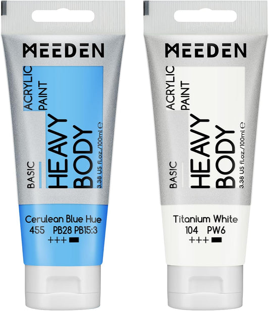 MEEDEN Acrylic Paint Cerulean Blue Hue: Bundled with Titanium White Color - 100ml/3.38oz Heavy Body Acrylic Paint Tube for Art Craft Painting
