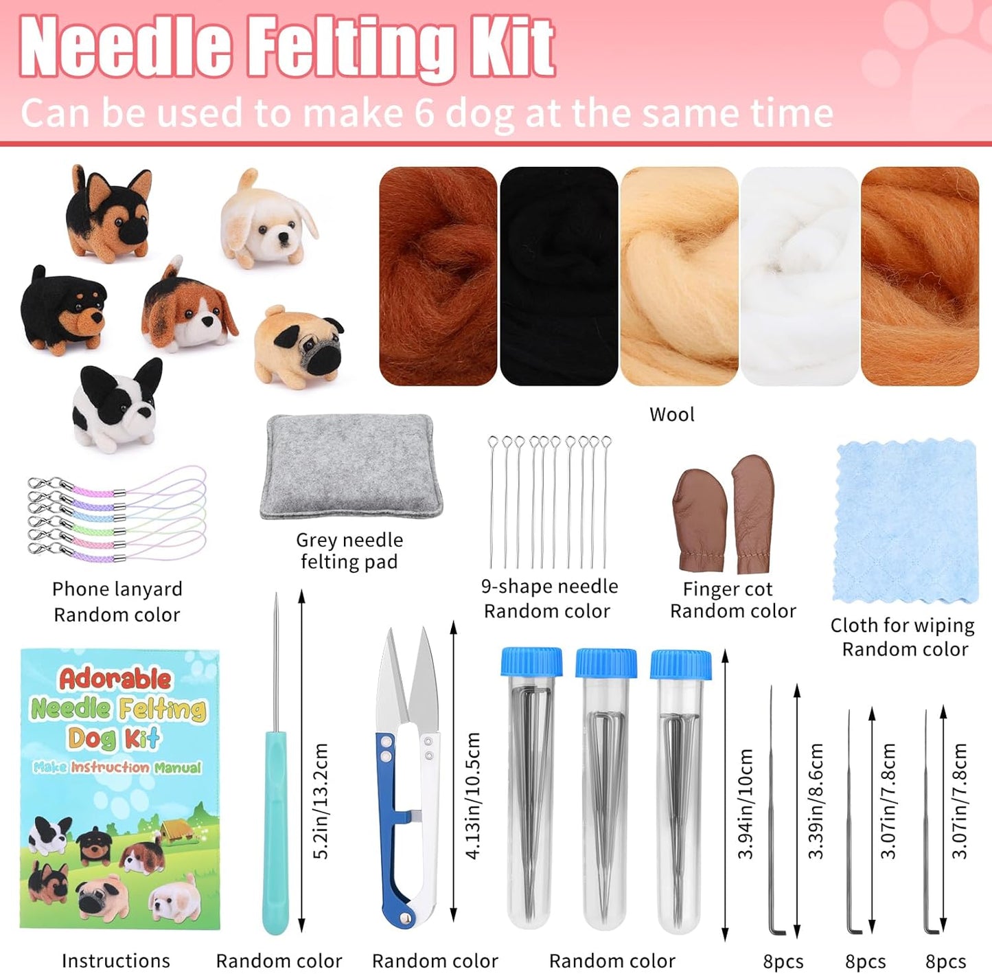 Needle Felting Kit, 61 Pcs Felt Dog Dolls Needle Felting Set with Felting Needles, Wool Roving, Felting Pad, Instruction Manual, Felting Beginner Tools for Felted Animal Needle Felting Supplies