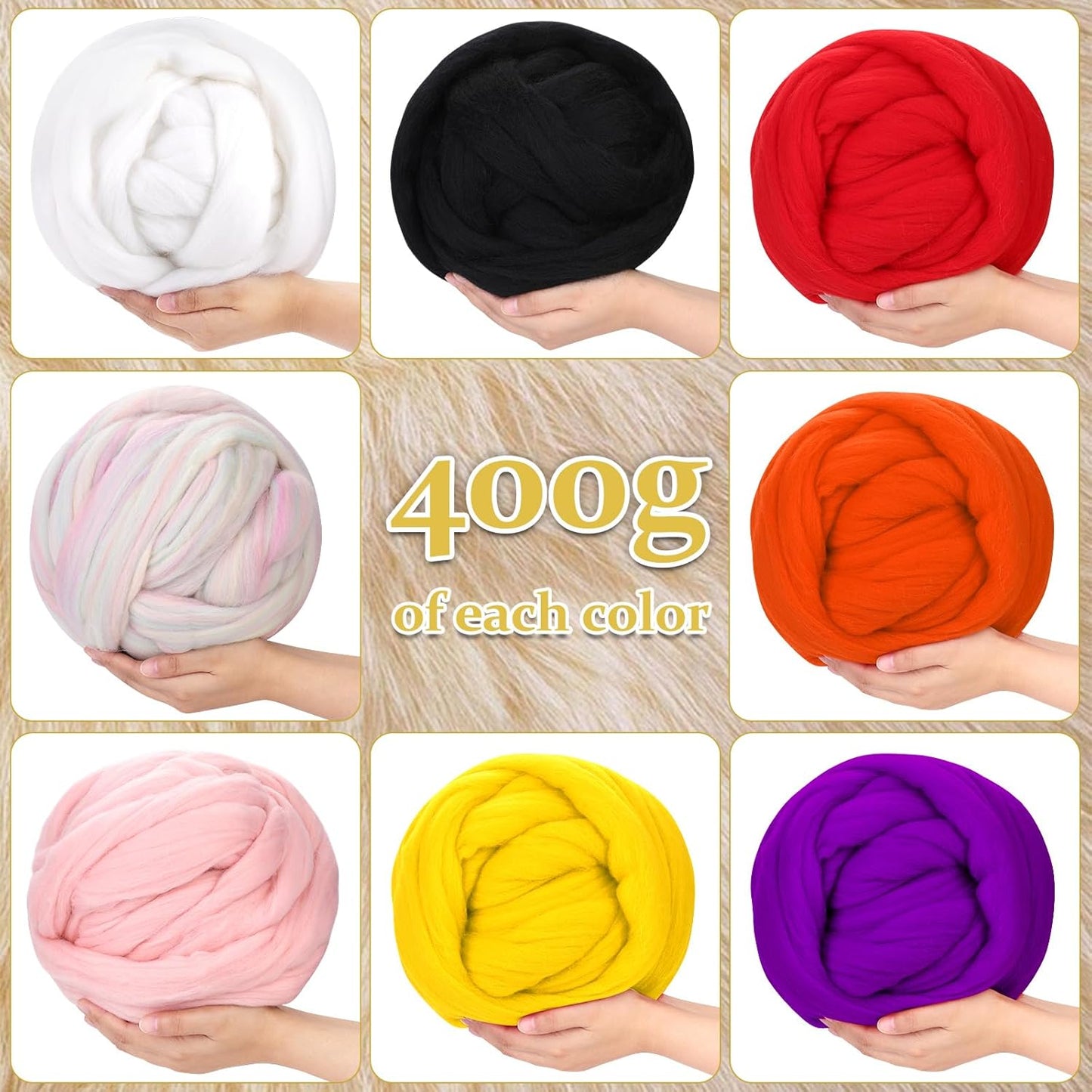 QMNNMA Wool Roving 0.88 lb (14.1 Ounces), Colored Natural Wool Roving for Spinning, Soft Chunky Yarn for Felting, Felting Pad, Felting Supply, Chunky Yarn Bulk, Carded Stuffing