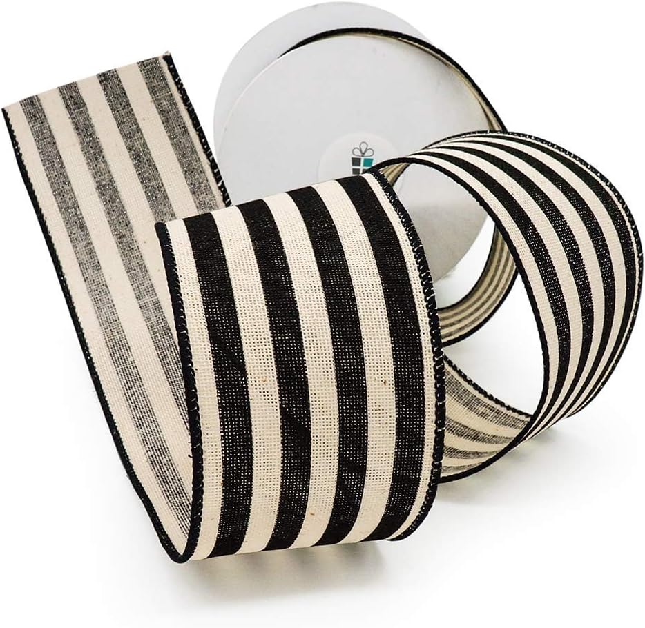 CT CRAFT LLC Striped Canvas Cotton Ribbon 2.5" x 50 Yards Ivory/Black Stripes for Thanksgiving Christmas Home Décor Gift Wrapping Outdoor Tree Topper Bow Wreath