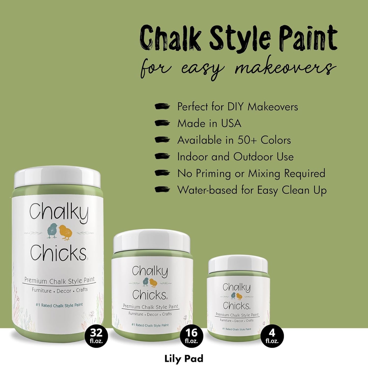 Chalky Chicks All-in-One Chalk Paint for Furniture or Cabinet - 16 Fl Oz - Matte Finish Lily Pad (Green) for Metal, Wood Furniture Paint - No Sanding All-in-One for Home Decor & Crafts, USA Made